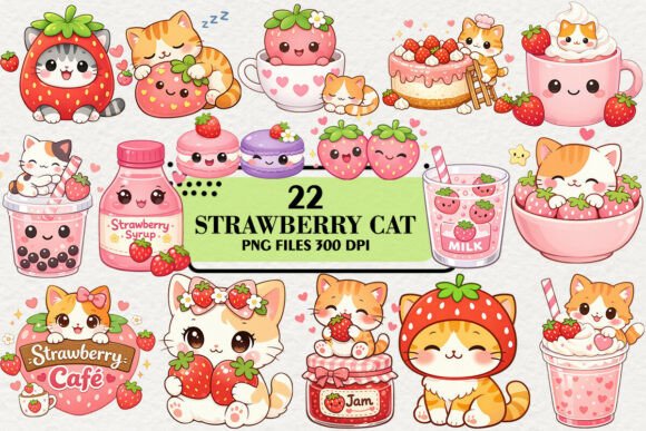 Download Kawaii Strawberry Cat Clipart Bundle - Art Collection