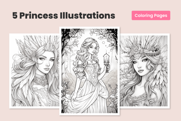 Download 5 Princess Line-Art Illustrations - Art Collection