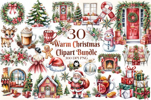 Download Watercolor Warm Christmas Clipart Bundle - Art Collection