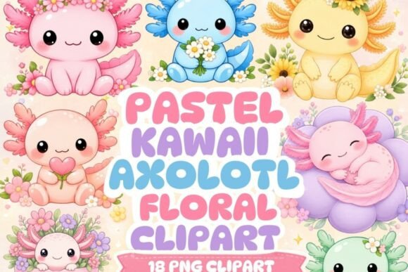 Download Pastel Kawaii Axolotl Floral Clipart - Art Collection