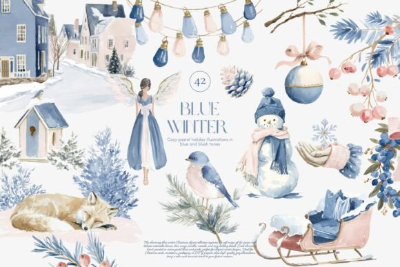 Download Cozy Blue Winter Watercolor Clipart - Art Collection